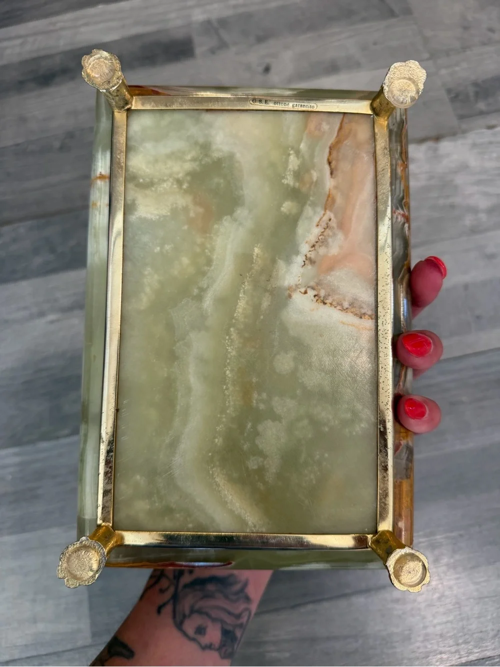Vintage Green and Brown Onyx marble Italian Jewelry Box with Gold Feet